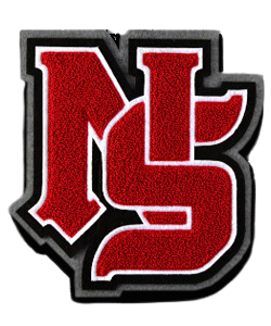 Custom NS monogram chenille patch featuring raised red towel embroidery, bold varsity-style lettering, black and white outline, and premium cut-to-shape border for apparel