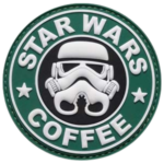 Custom Star Wars Coffee PVC patch featuring a stormtrooper helmet, circular green logo, and premium 3D soft rubber construction