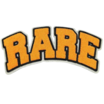 Custom RARE chenille letter patch featuring raised gold towel embroidery, bold varsity-style lettering, black outline, and premium cut-to-shape border for apparel