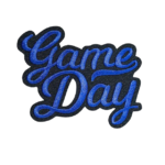 Custom Game Day chenille patch with raised blue script lettering, black felt background, and premium varsity-style towel embroidery for jackets, hoodies, and sports apparel
