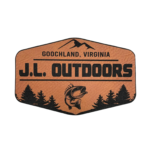 Custom engraved leather patch featuring the J.L. Outdoors logo with laser-etched mountains, forest, and fish design on premium brown faux leather for hats, jackets, and outdoor gear