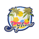 ✅ Recommended Custom chenille See by Venudo patch featuring a tropical beach scene with palm trees, sun, ocean, and premium textured towel embroidery
