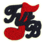 Custom chenille letter R patch featuring bold black script lettering with vibrant red textured accents and a premium varsity-style towel embroidery finish